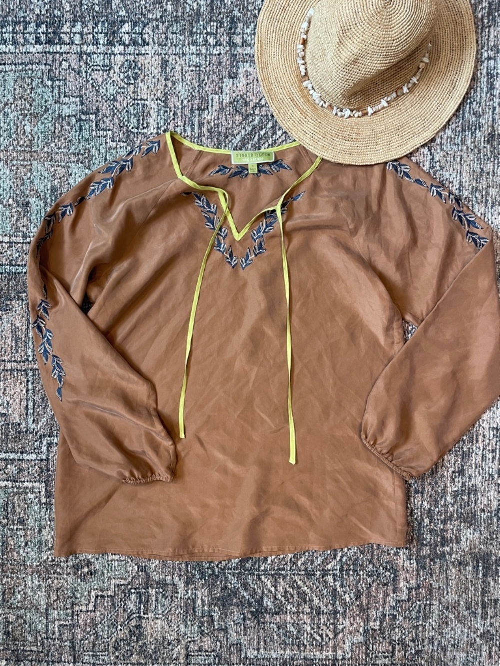 Sigrid Olsen Signature 100% Silk Blouse Small Embroidered Boho Peasant Top